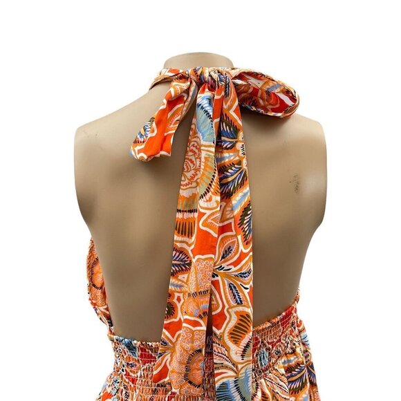 Misa Tula Mini Dress‎ Tangerine Flora Halter Neck Cotton Backless Ruffle L NWT - Picture 8 of 15
